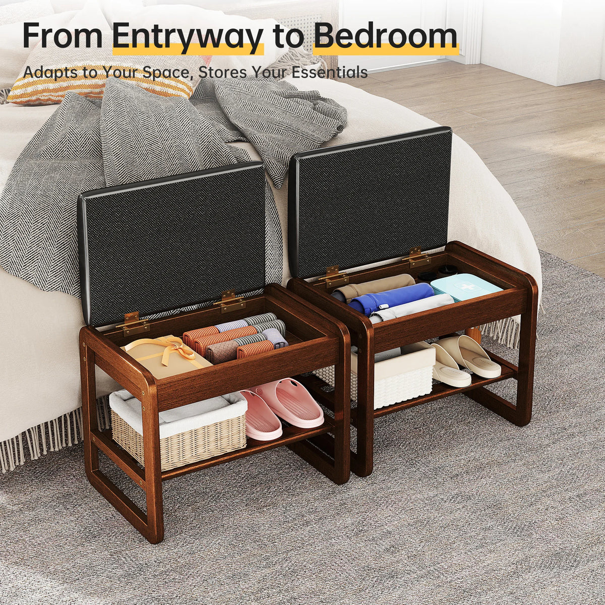Wooden Shoe Rack Bench With Flip Top Storage And Cushion