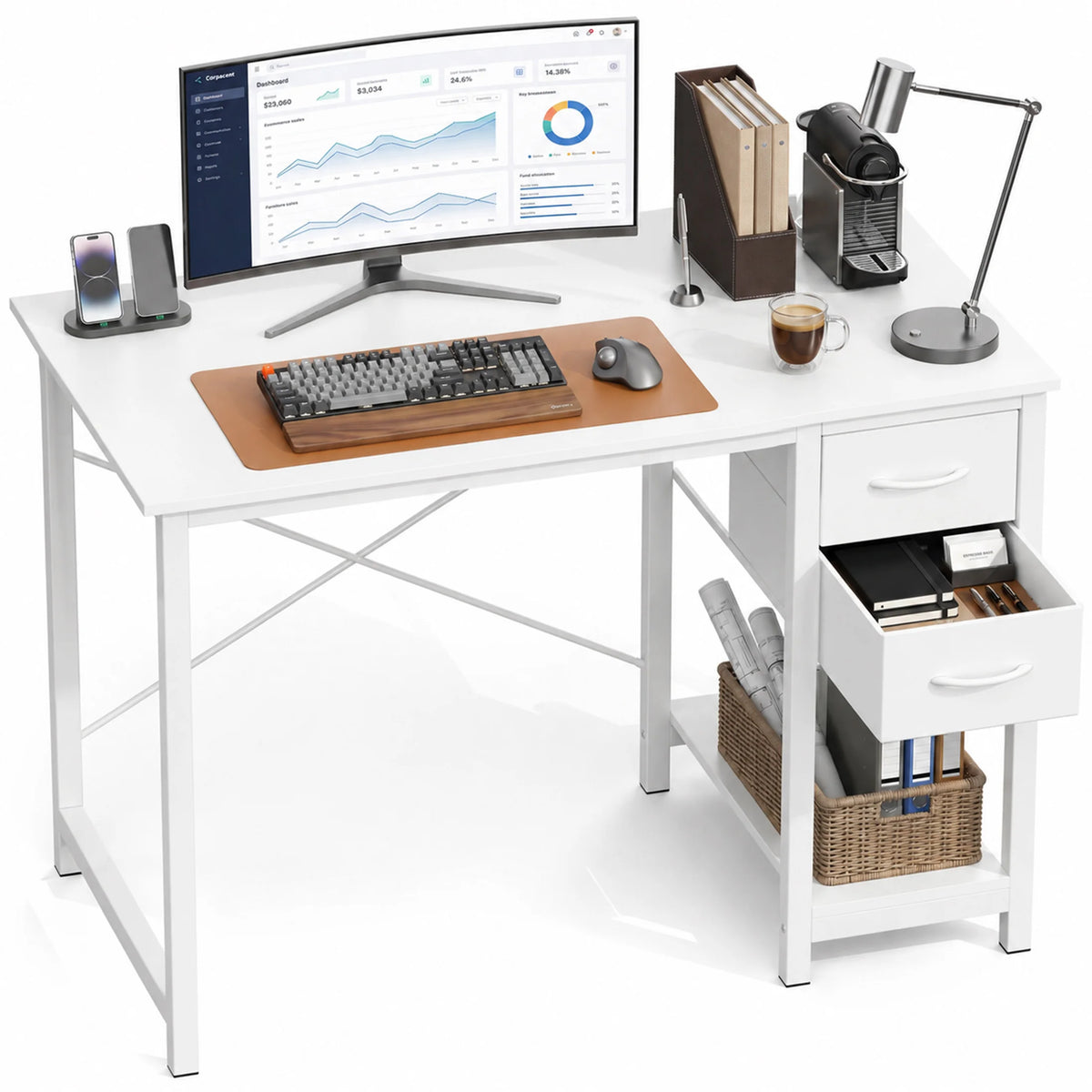 MCQ Standing Office Computer Desk With Drawers And Side Hook