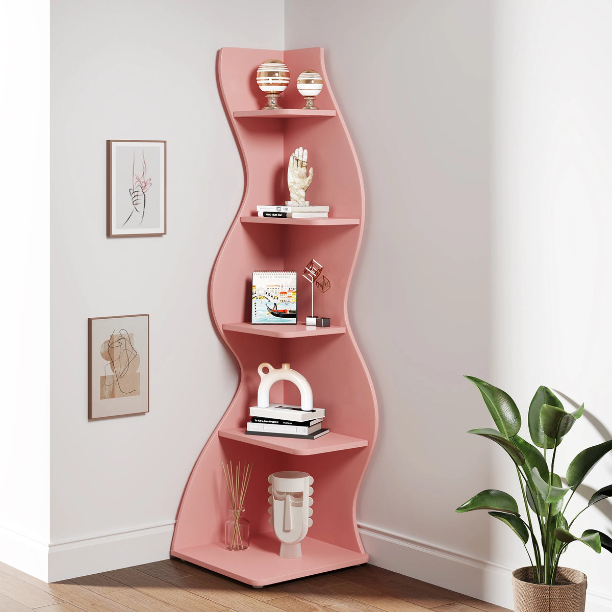 Tribesigns Modern Five Tier Corner Shelf Wall Storage Bookcase