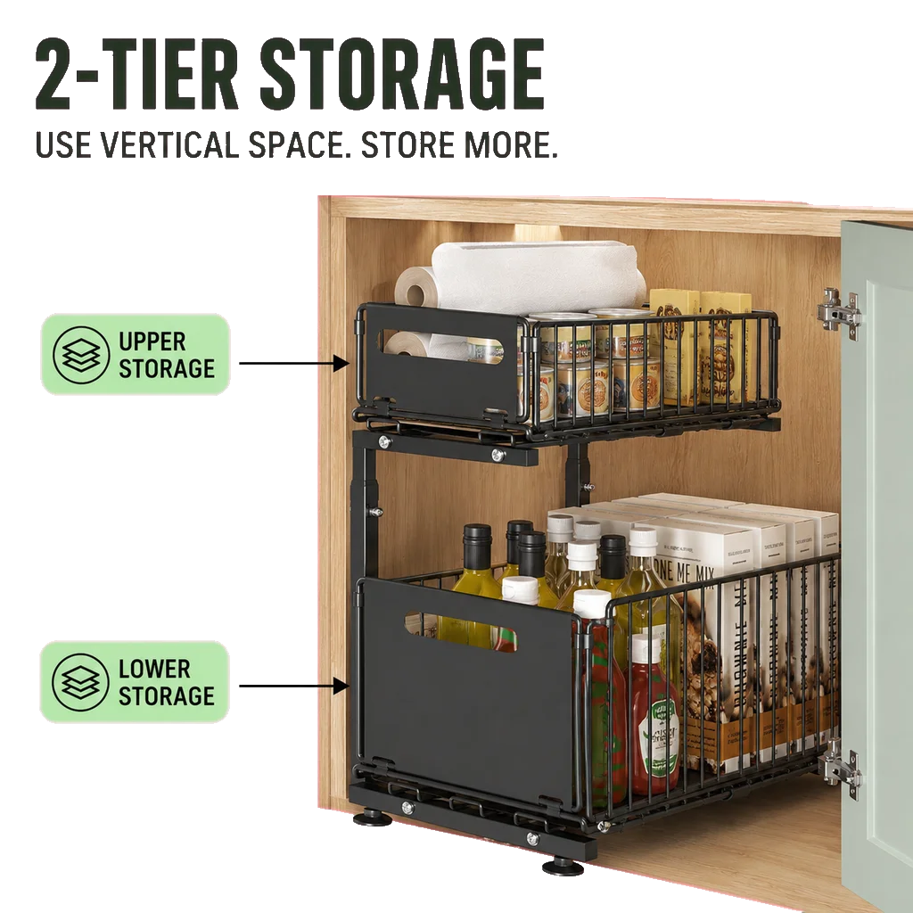 Two Tier Pull Out Under Sink Cabinet Organizer Storage Rack
