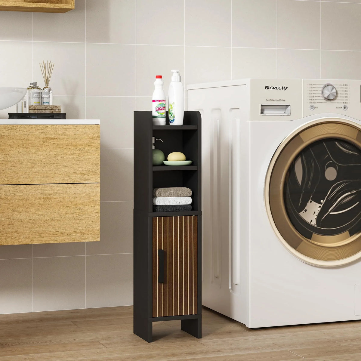 Slim Corner Bathroom Storage Cabinet Wood Fluted Door Adjustable Shelves