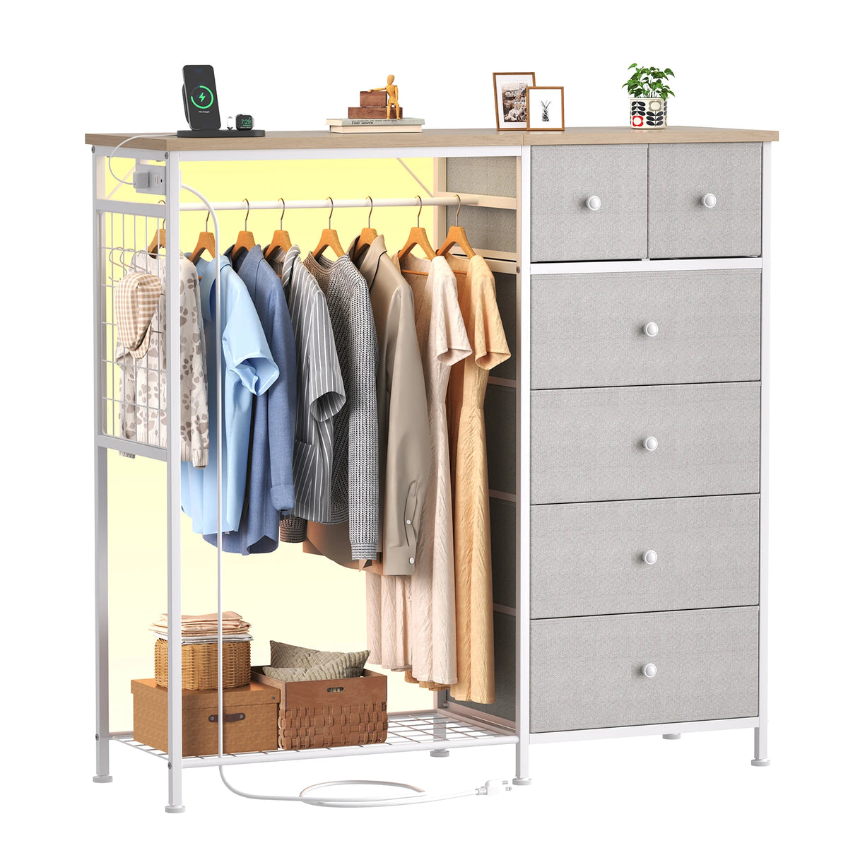 JHK Fabric Dresser With Hanging Rack And LED Charging Station