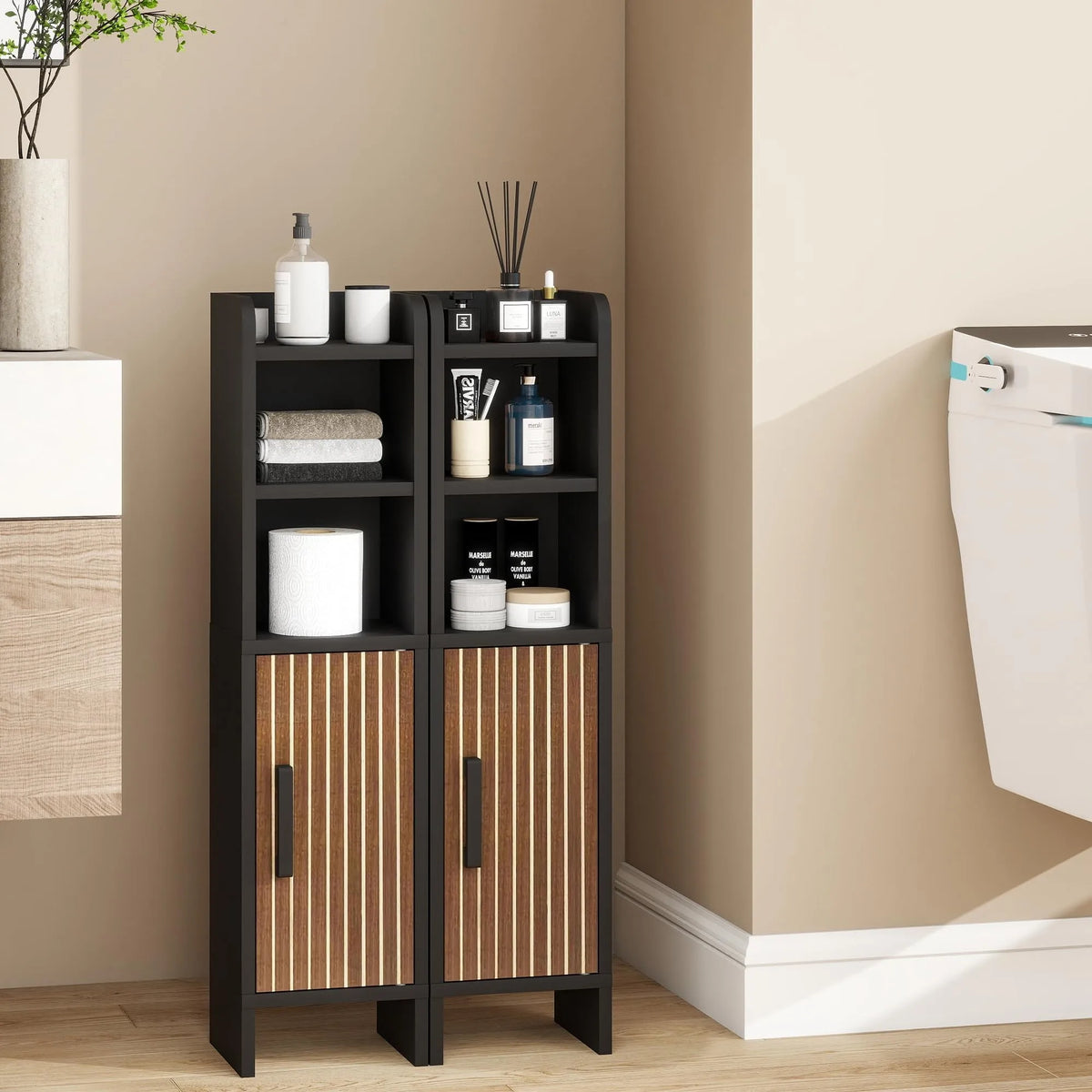Slim Corner Bathroom Storage Cabinet Wood Fluted Door Adjustable Shelves