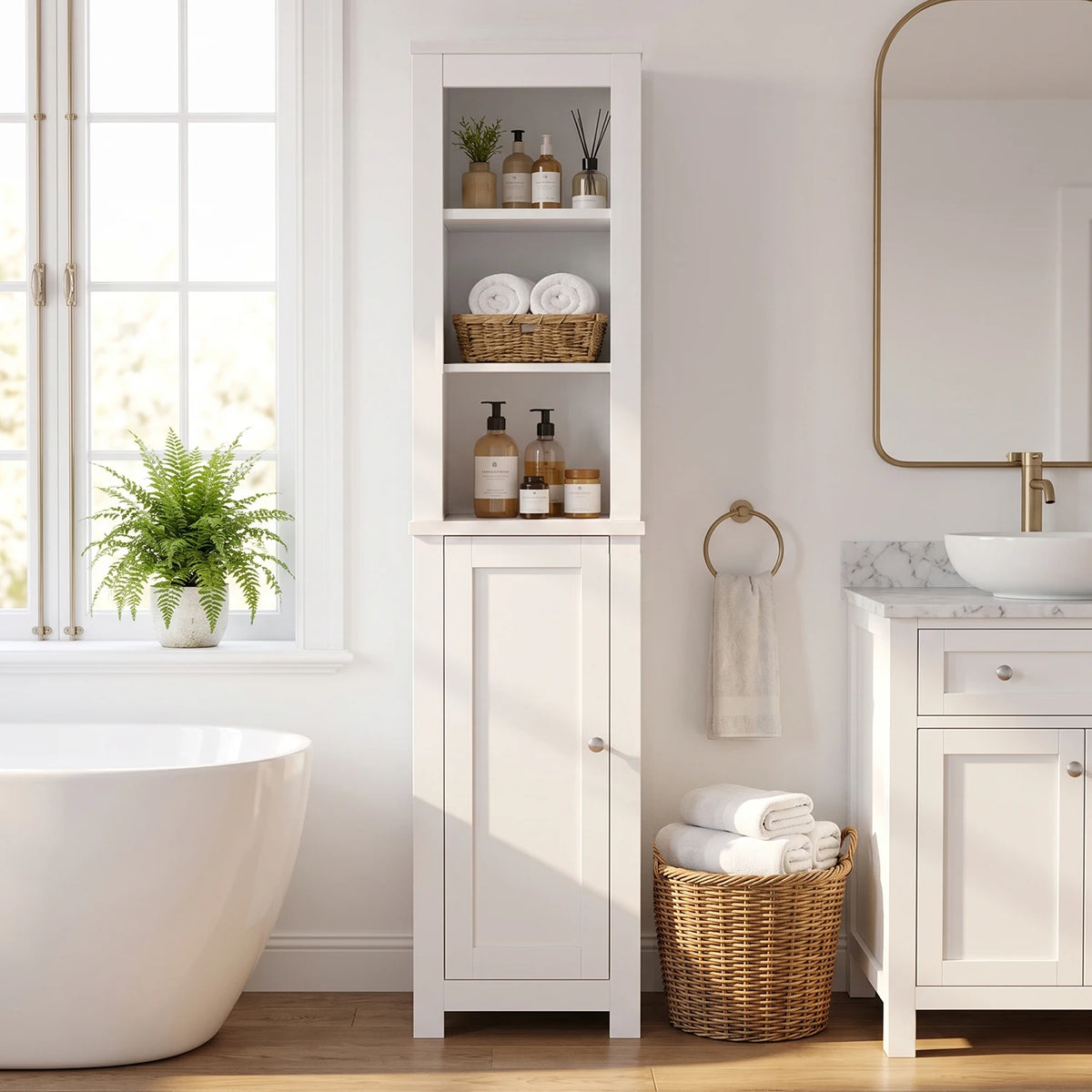 TinyNest Wood Bathroom Storage Cabinet With Doors And Adjustable Shelves