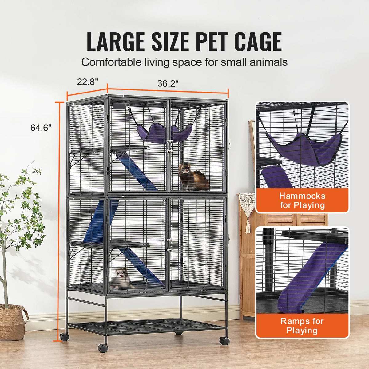 SucceBuy 64.6" Rolling Metal Ferret Cage Large 4-Tier Critter Nation Cage Small Animal Cage for Rats Hamster Guinea Chinchilla
