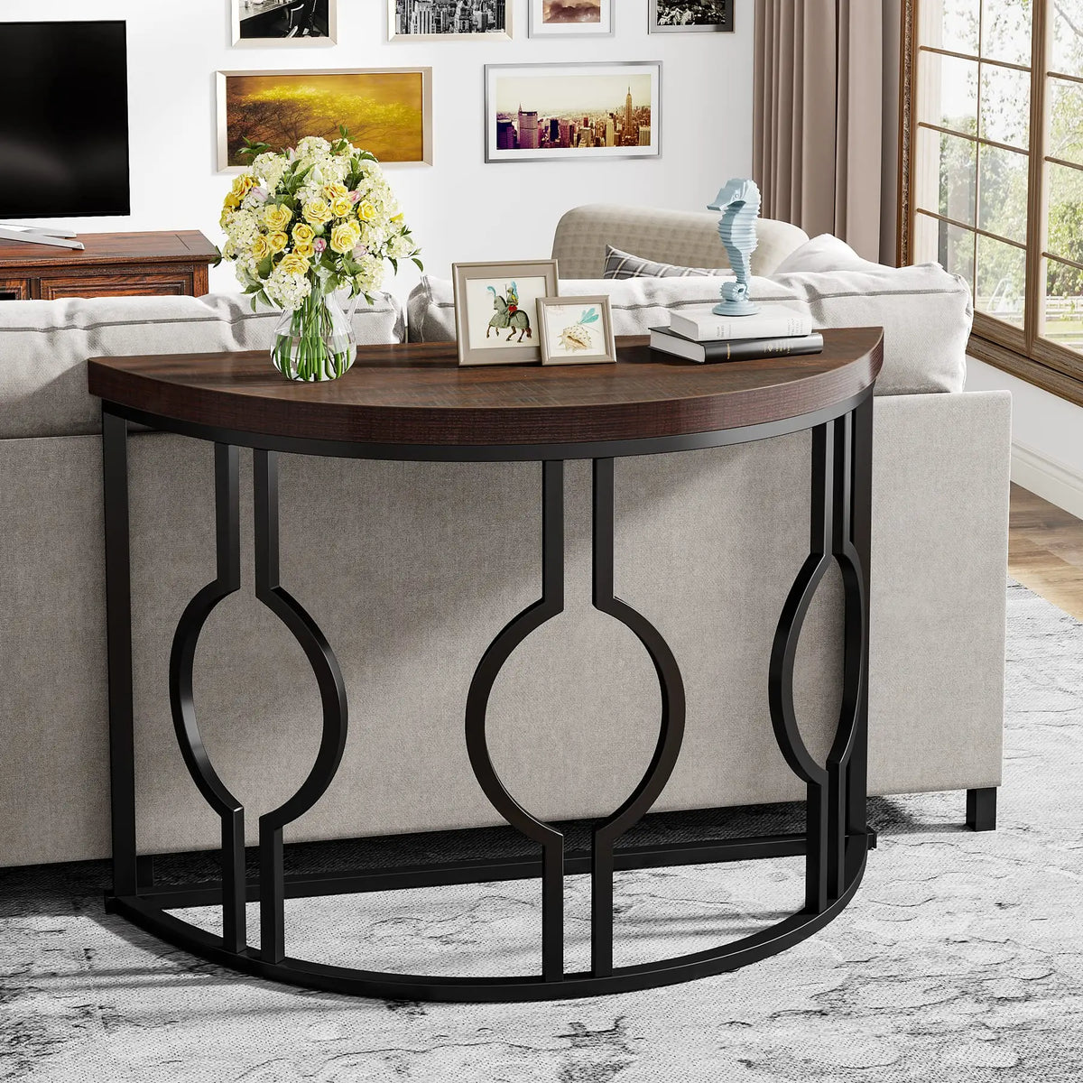 Tribesigns Industrial Half Moon Console Table With Geometric Base
