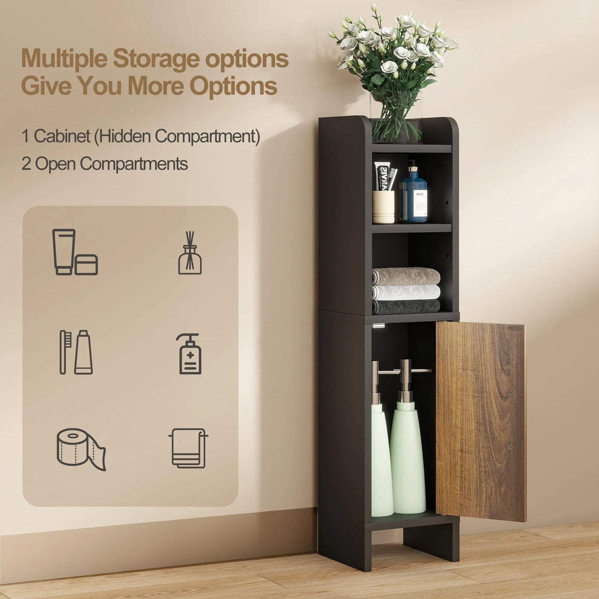 Slim Corner Bathroom Storage Cabinet Wood Fluted Door Adjustable Shelves