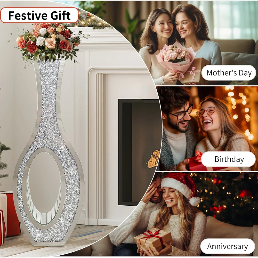 Modern Mirrored Glass Floor Vase With Crush Diamond Decorative Finish