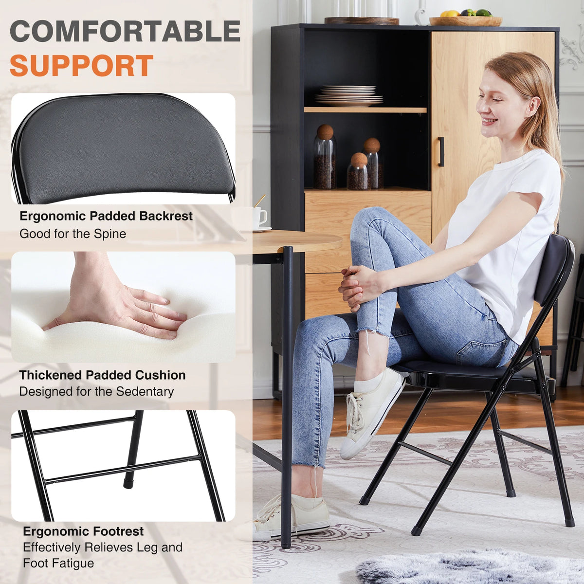 JHK Faux Leather Padded Folding Chair With Sturdy Metal Frame
