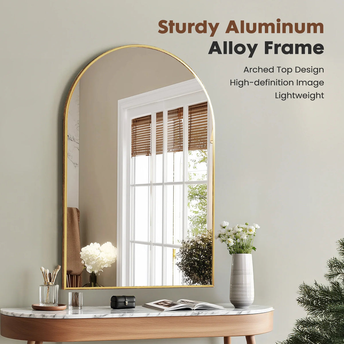 JHK Arched Metal Framed Bathroom Mirror For Modern Wall Decor