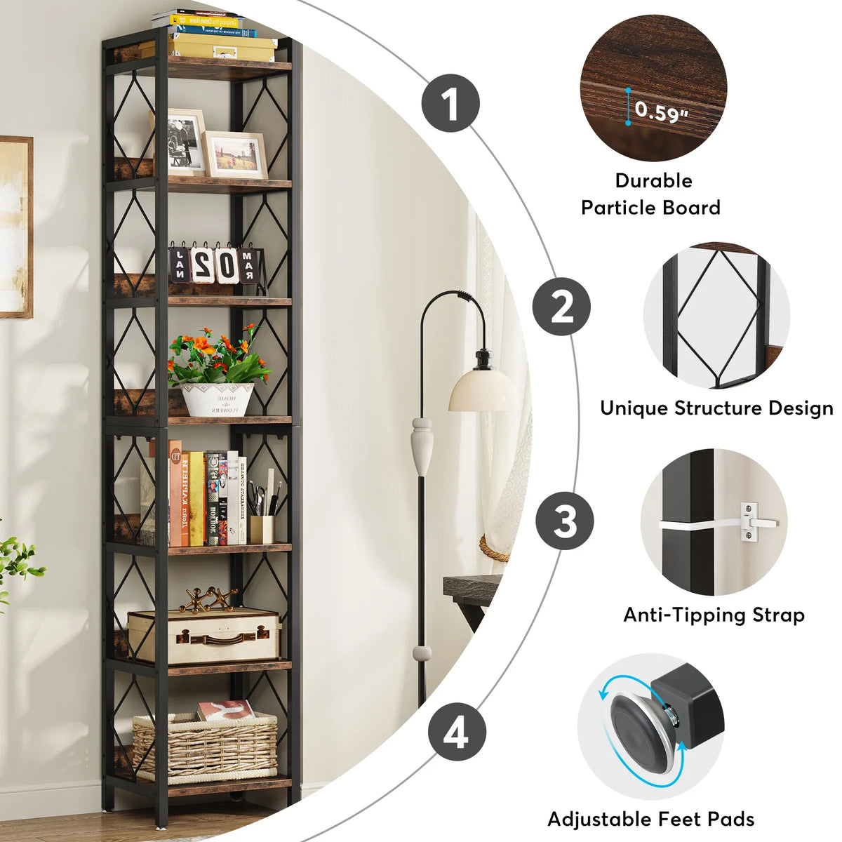 Tribesigns Narrow Seven Tier Bookcase For Small Spaces