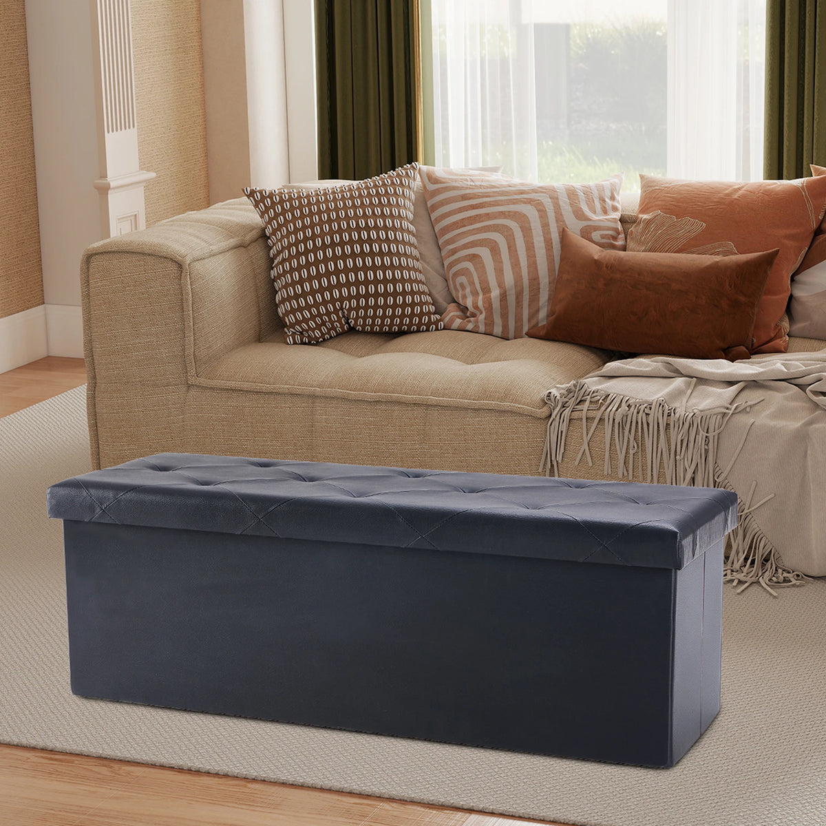 JHK Leather Storage Ottoman Bench With Convenient Footrest