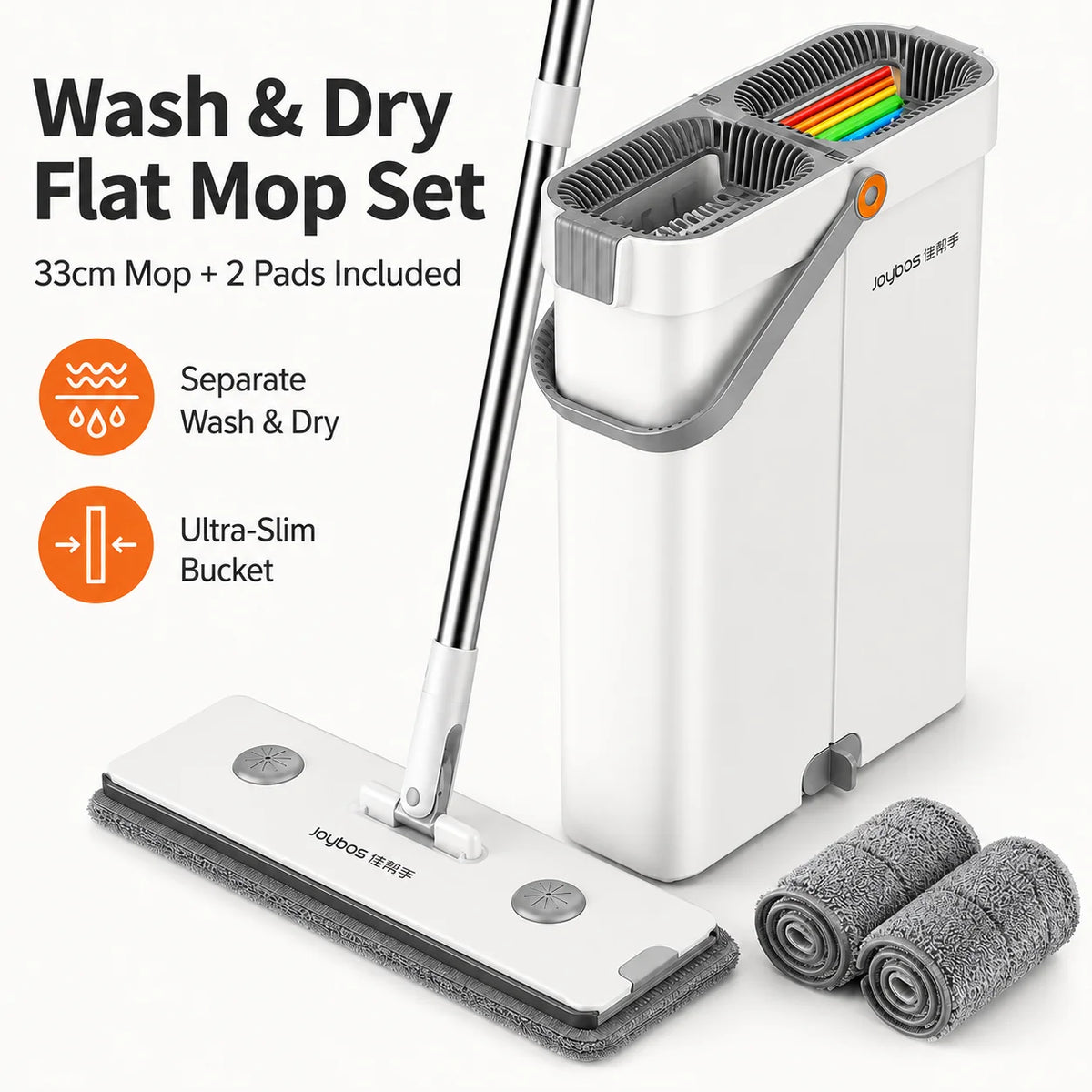 Joybos Flat Mop And Bucket System With Microfiber Pads
