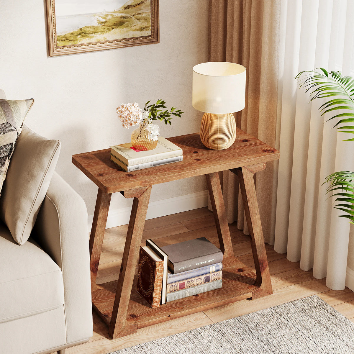 Tribesigns Two Tier Solid Wood Farmhouse End Table for Bedroom Use