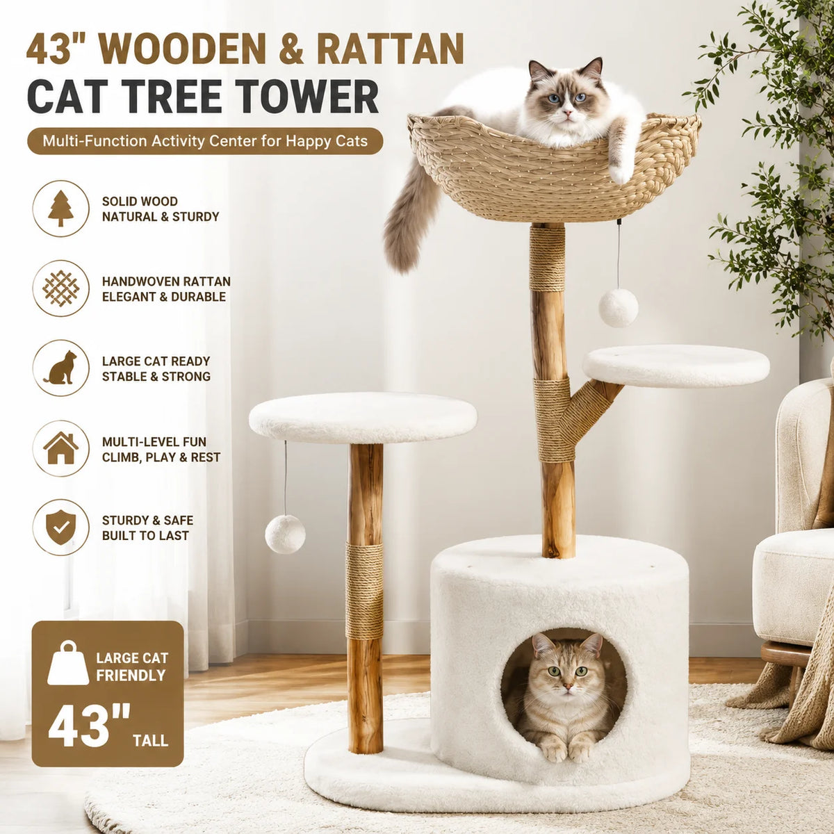 Wooden Cat Tree Tower With Rattan Multi-Level Activity Center