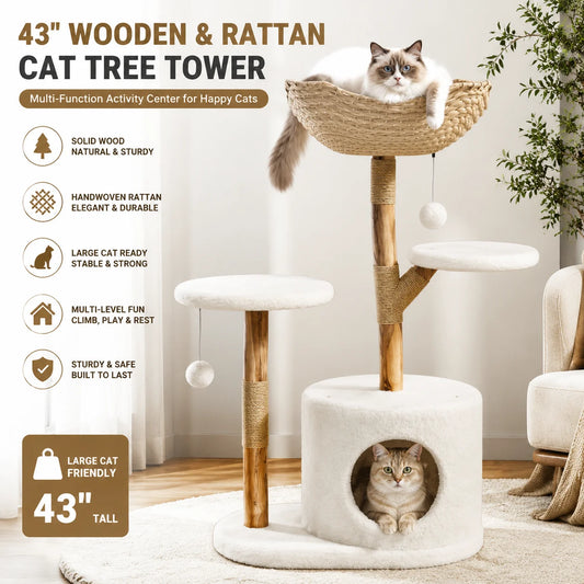 Wooden Cat Tree Tower With Rattan Multi-Level Activity Center