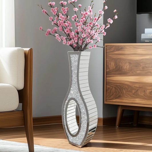 Modern Mirrored Glass Floor Vase With Crush Diamond Decorative Finish