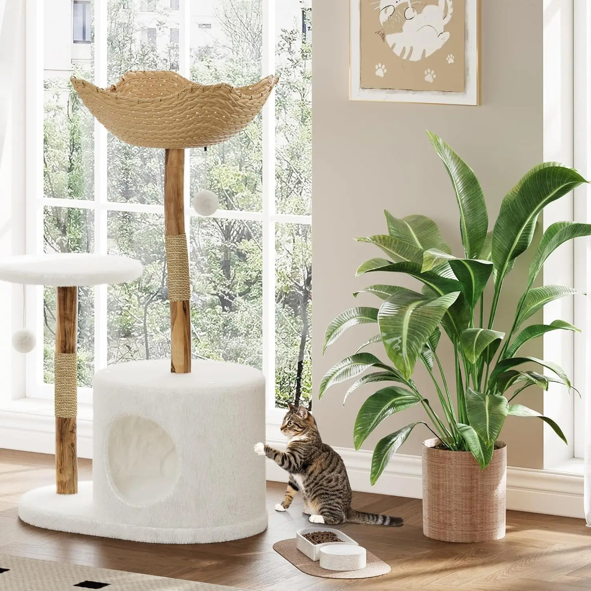 Wooden Cat Tree Tower With Rattan Multi-Level Activity Center