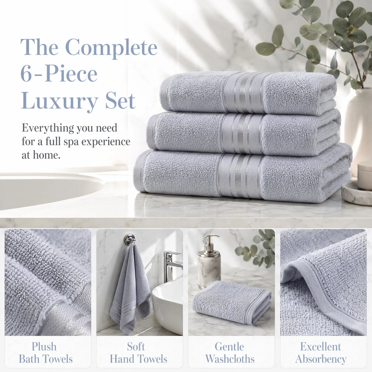 Premium Six Piece Absorbent Cotton Turkish Towel Set