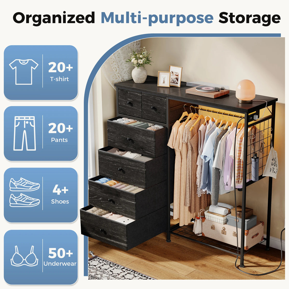 JHK Fabric Dresser With Hanging Rack And LED Charging Station