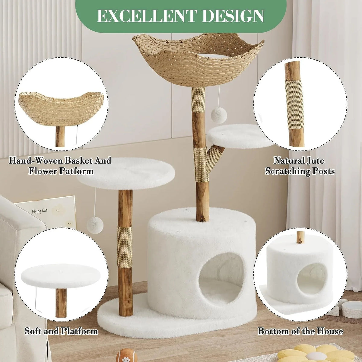 Wooden Cat Tree Tower With Rattan Multi-Level Activity Center