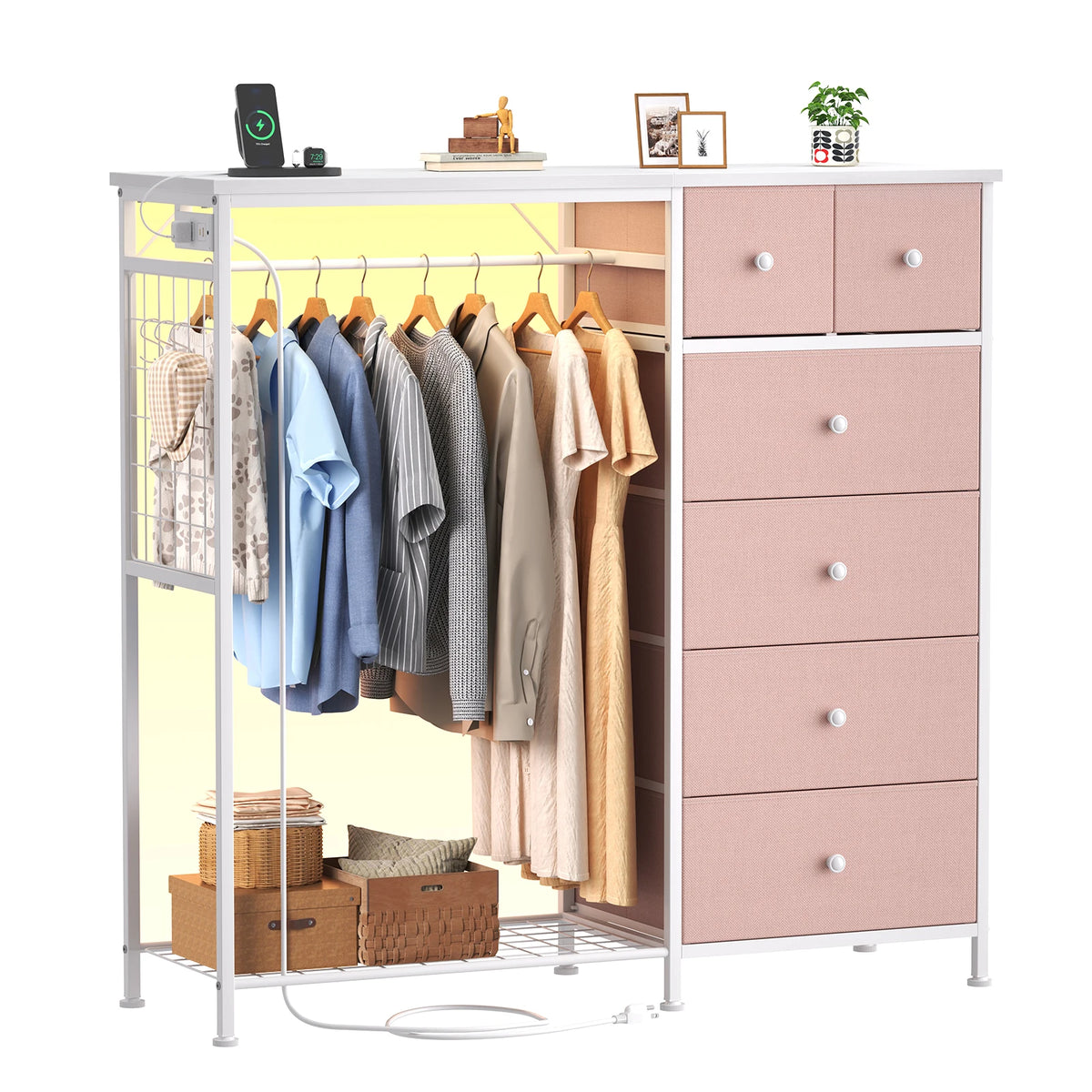 JHK Fabric Dresser With Hanging Rack And LED Charging Station
