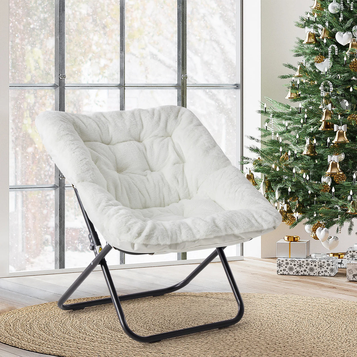 JHK Cozy Faux Fur Folding Saucer Chair For Comfortable Lounging