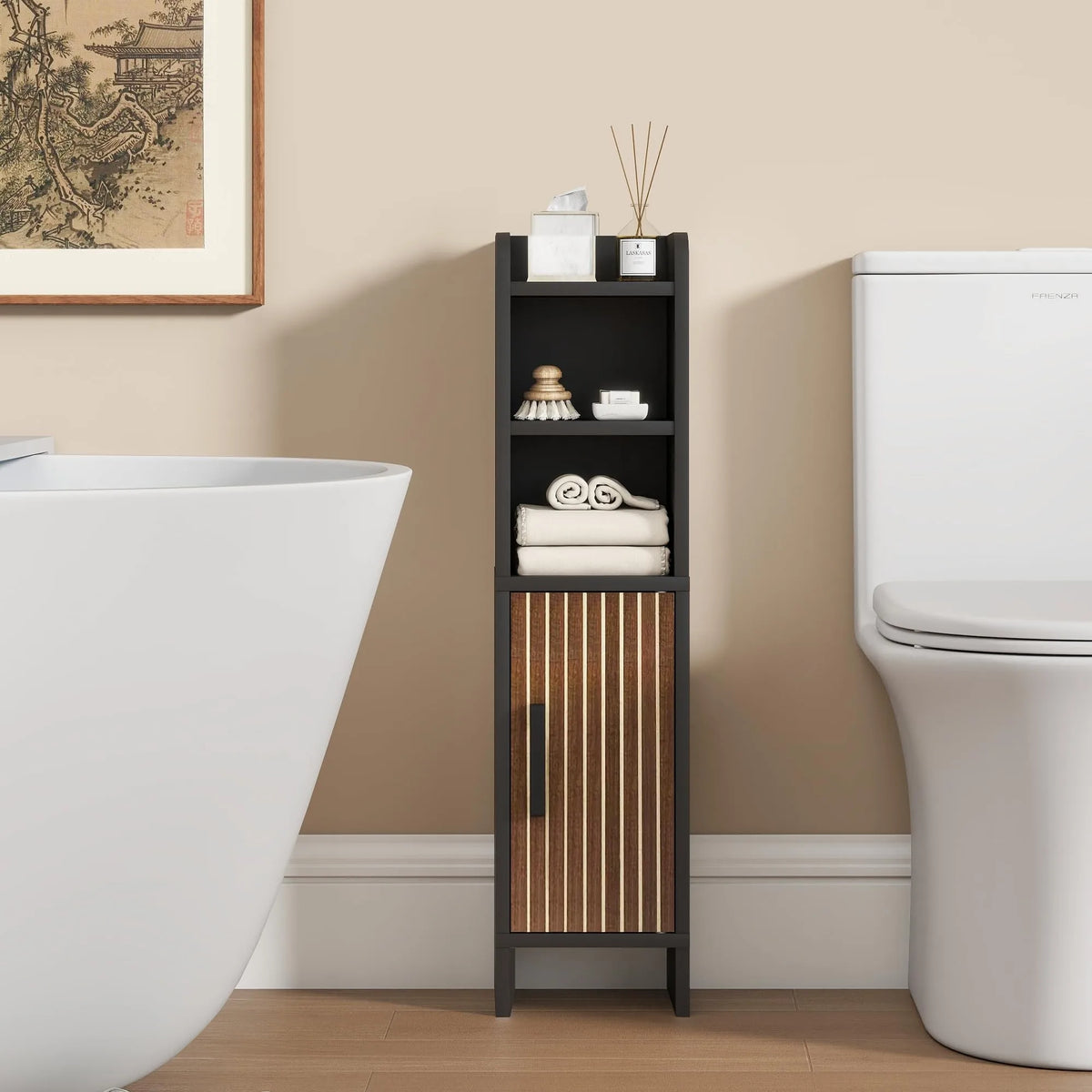 Slim Corner Bathroom Storage Cabinet Wood Fluted Door Adjustable Shelves