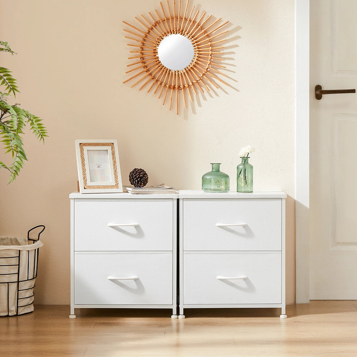 JHK Modern Nightstand Cabinet With Two Fabric Drawers
