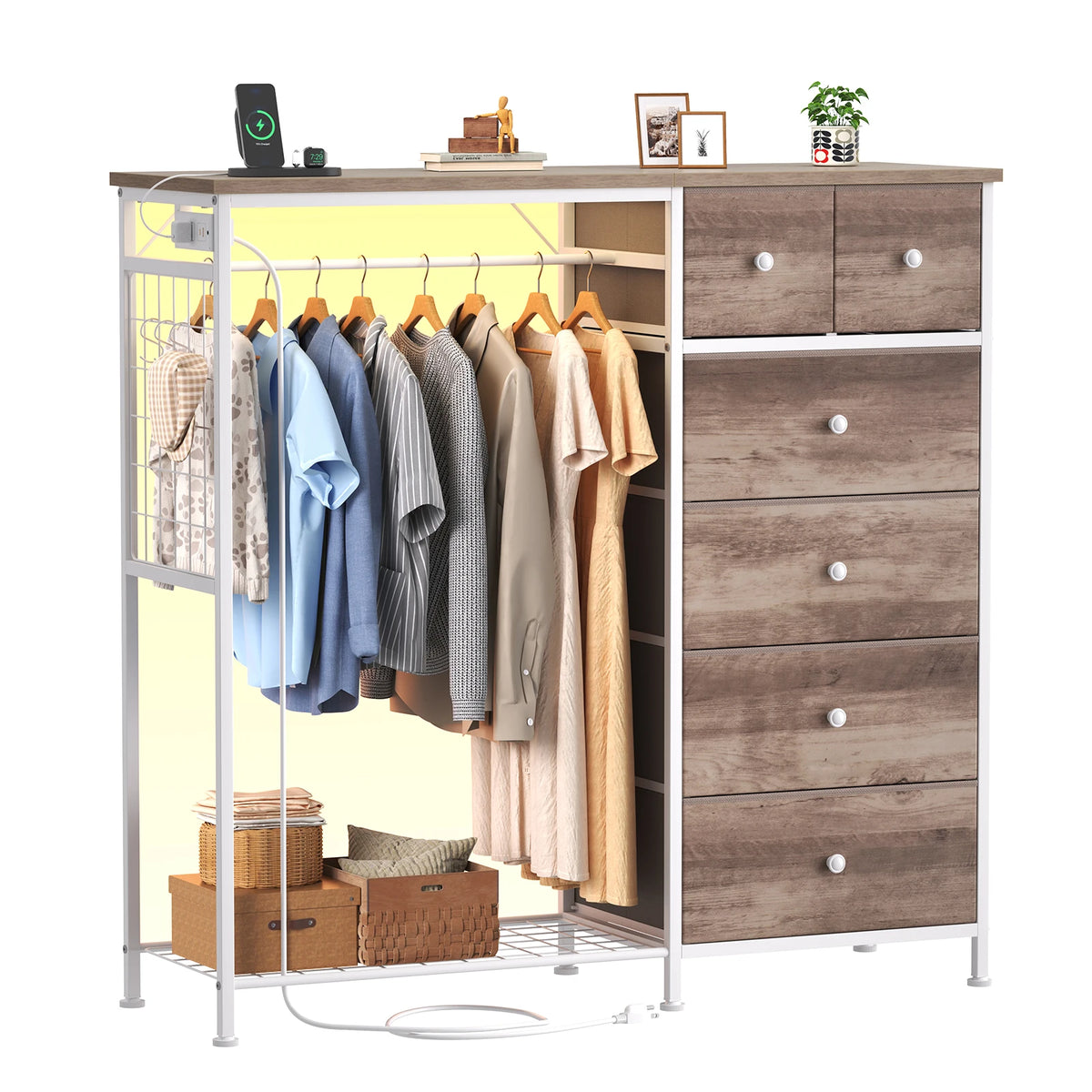 JHK Fabric Dresser With Hanging Rack And LED Charging Station