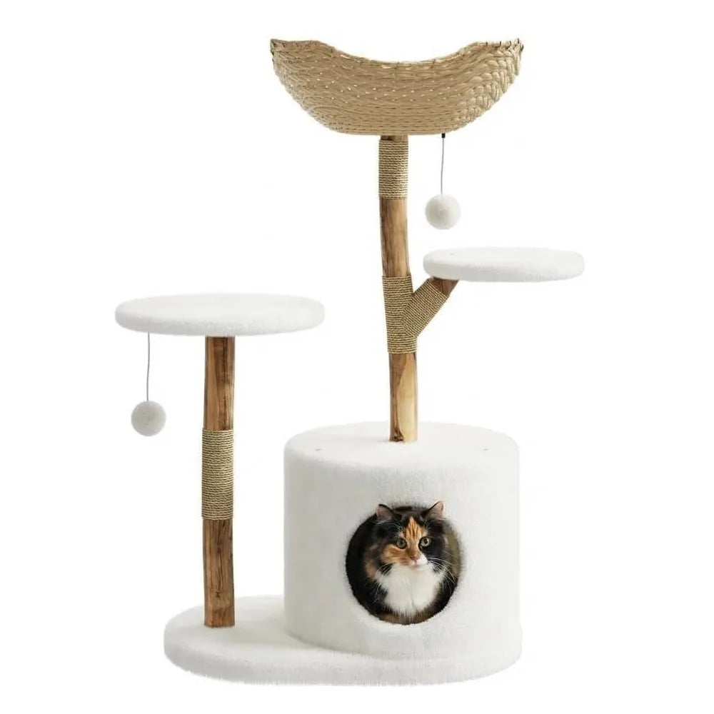 Wooden Cat Tree Tower With Rattan Multi-Level Activity Center