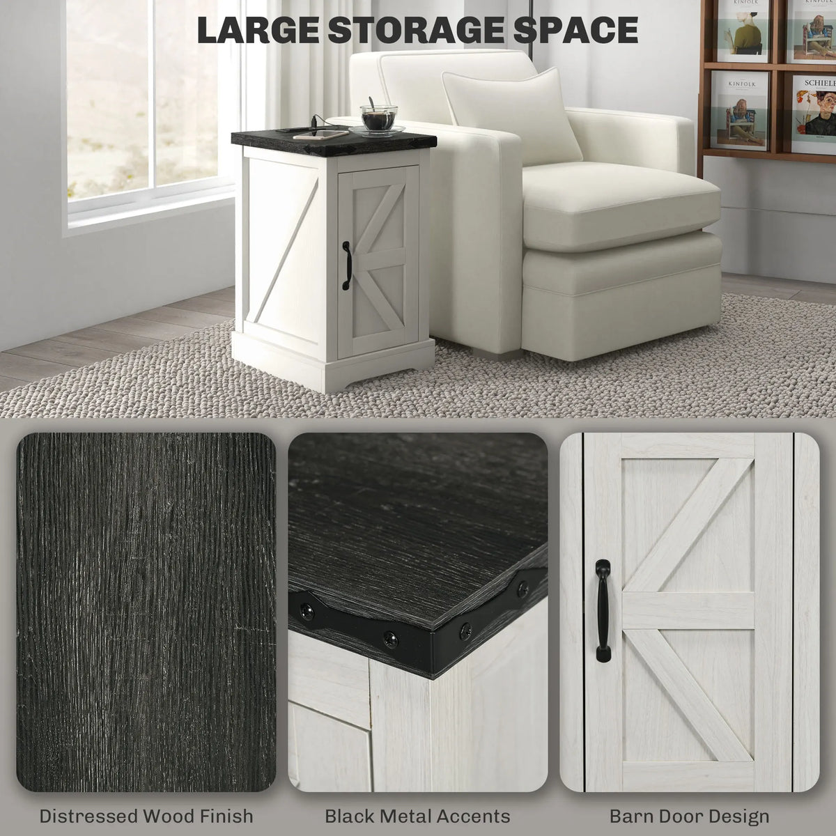 HOMCOM Farmhouse End Table With Charging Station And Storage Cabinet
