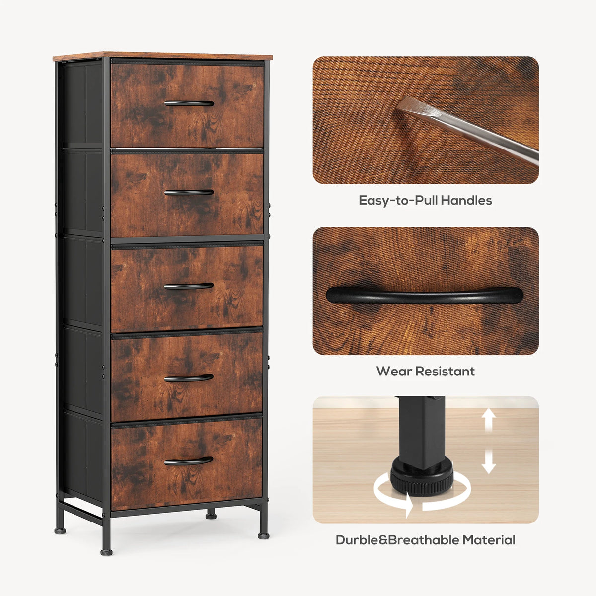 JHK Modern Bedroom Dresser With Five Fabric Drawers