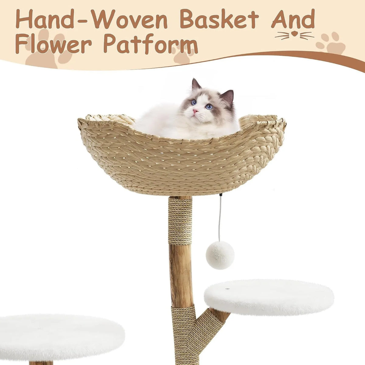 Wooden Cat Tree Tower With Rattan Multi-Level Activity Center