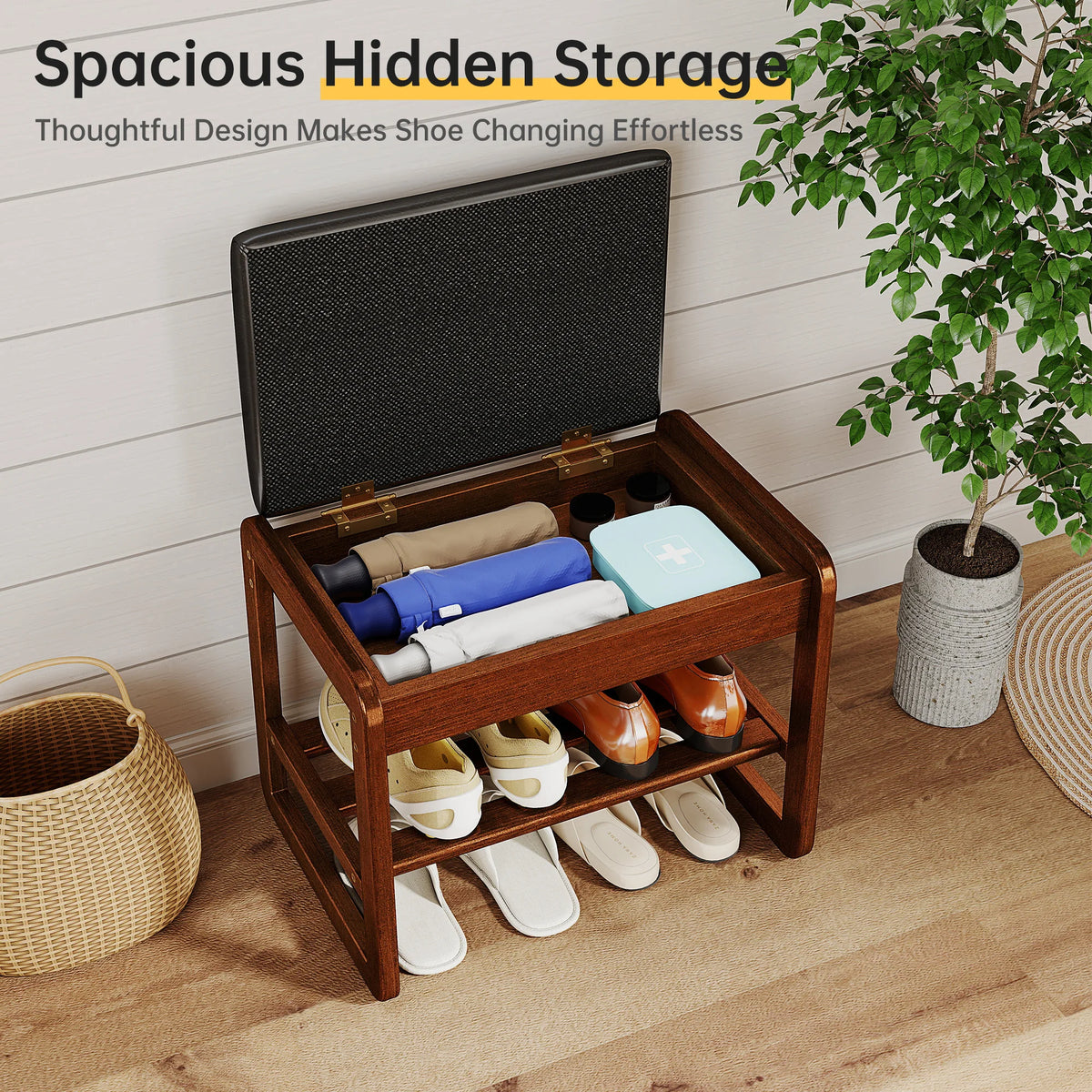 Wooden Shoe Rack Bench With Flip Top Storage And Cushion