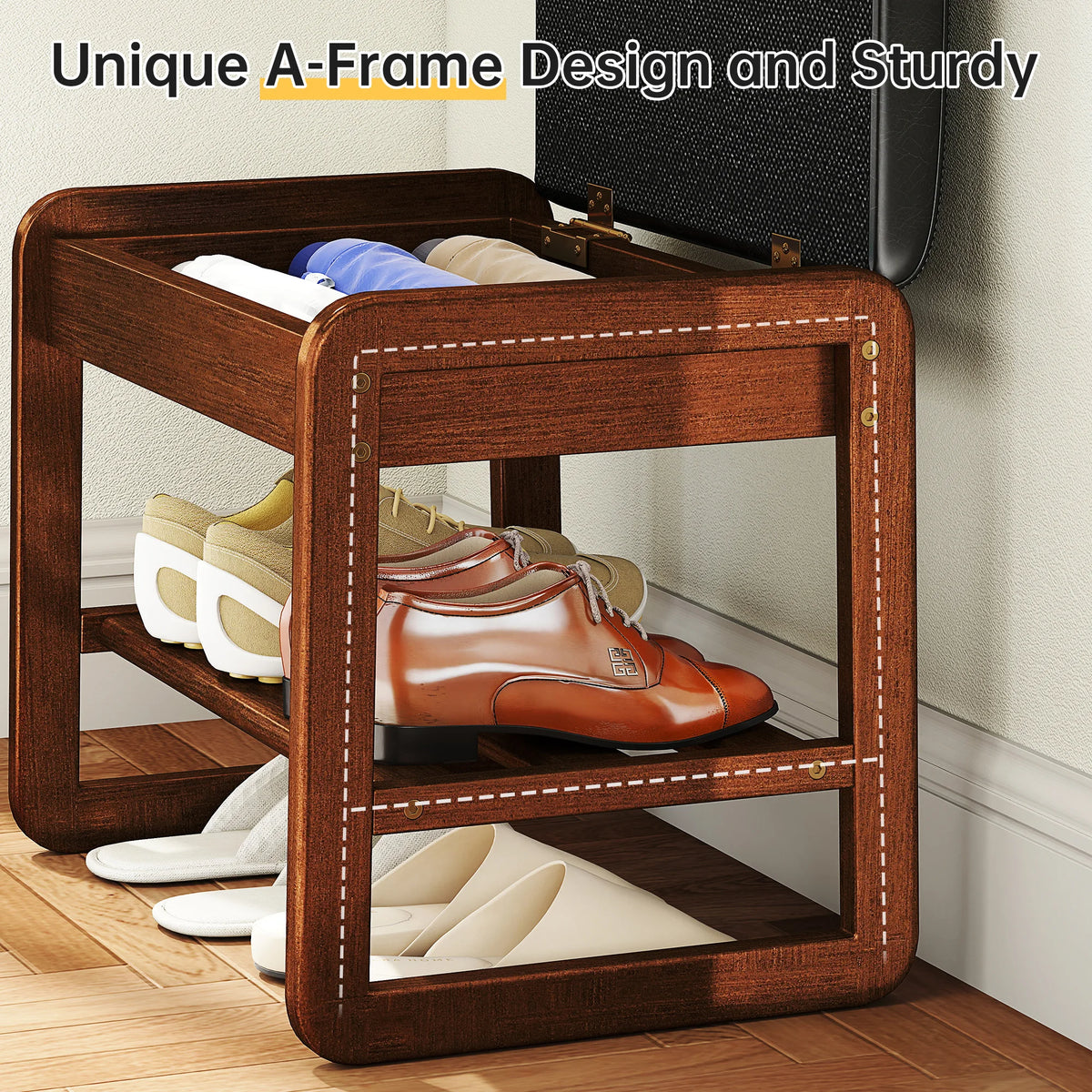 Wooden Shoe Rack Bench With Flip Top Storage And Cushion