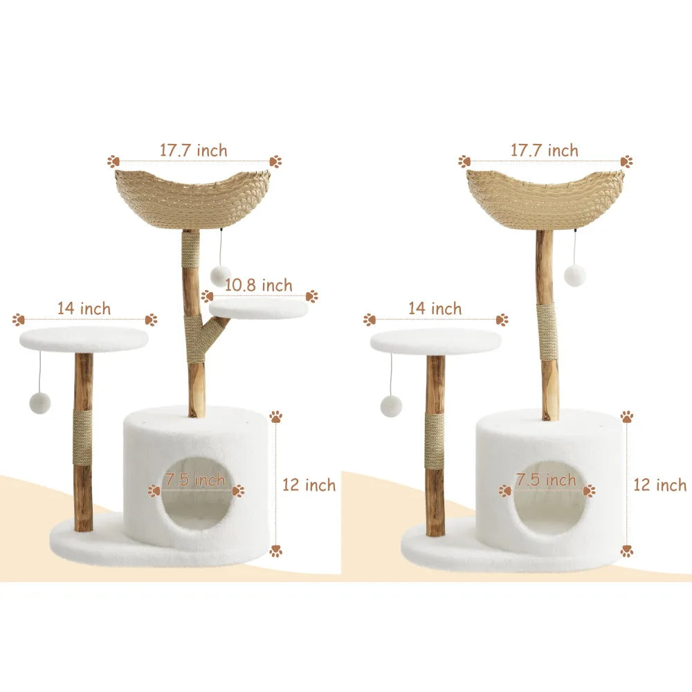 Wooden Cat Tree Tower With Rattan Multi-Level Activity Center