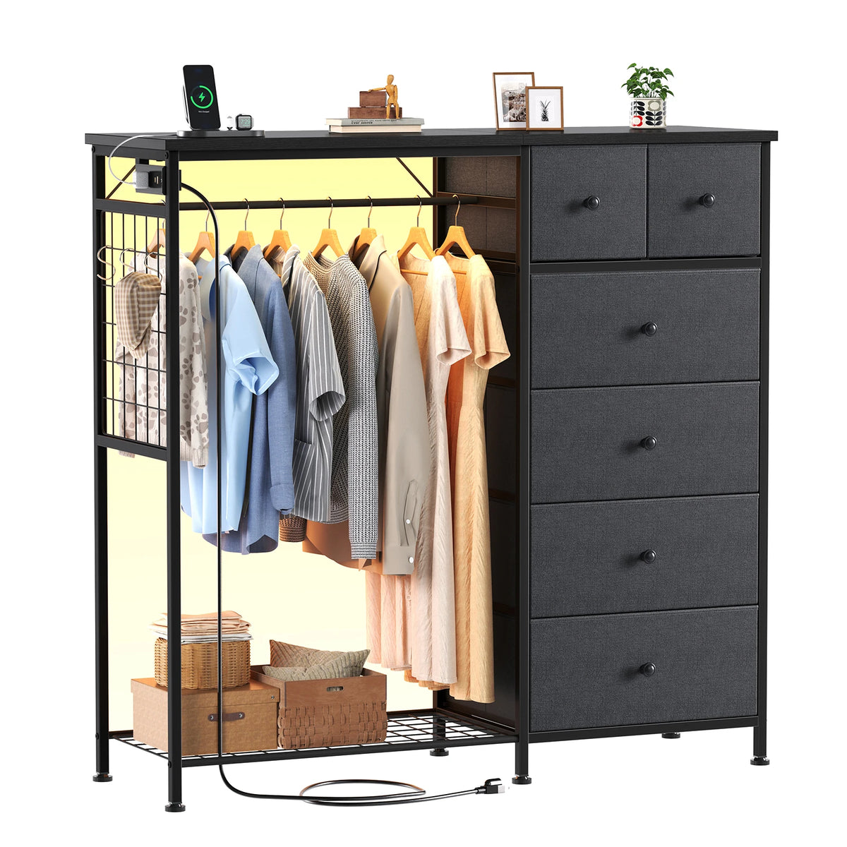 JHK Fabric Dresser With Hanging Rack And LED Charging Station
