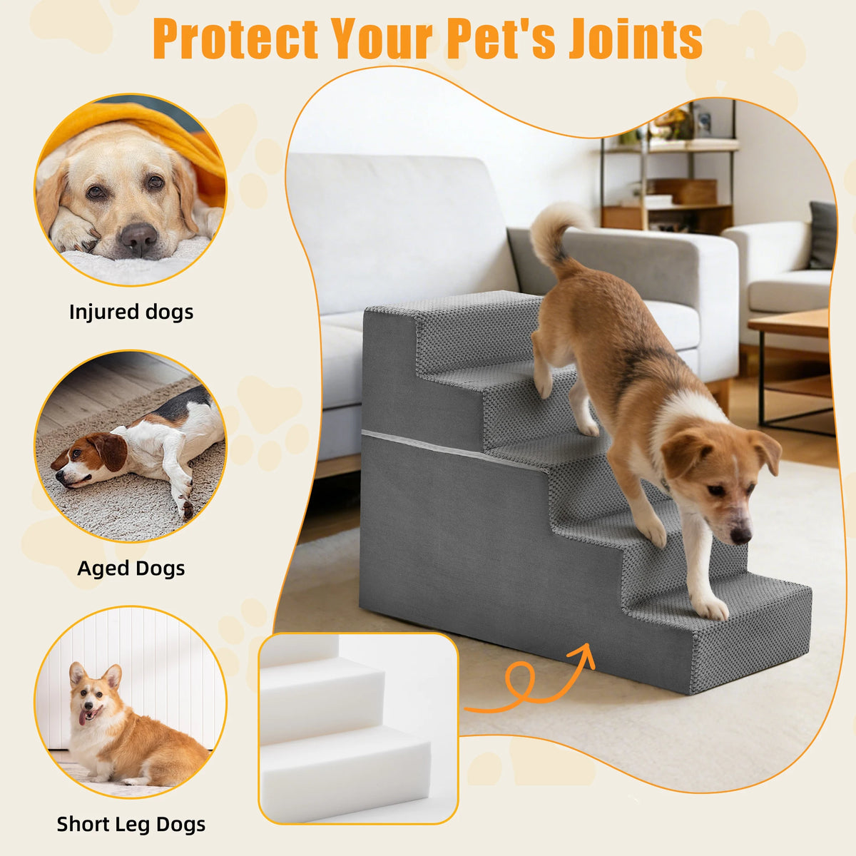 Curved Foam Dog Stairs Ramp With Non Slip Indoor Steps