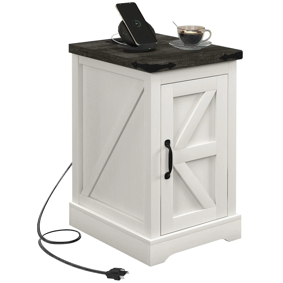 HOMCOM Farmhouse End Table With Charging Station And Storage Cabinet
