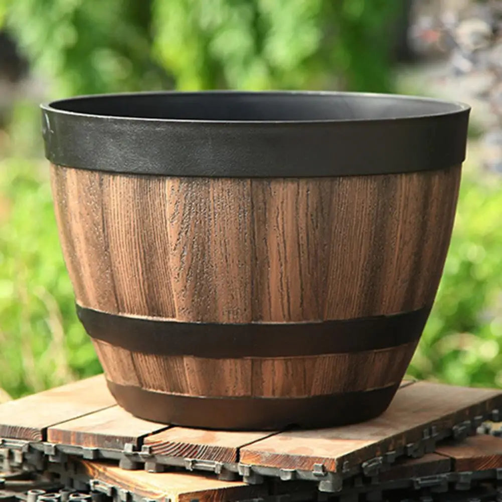 Rustic Farmhouse Whiskey Barrel Planter Faux Wooden Plastic Flower Pot