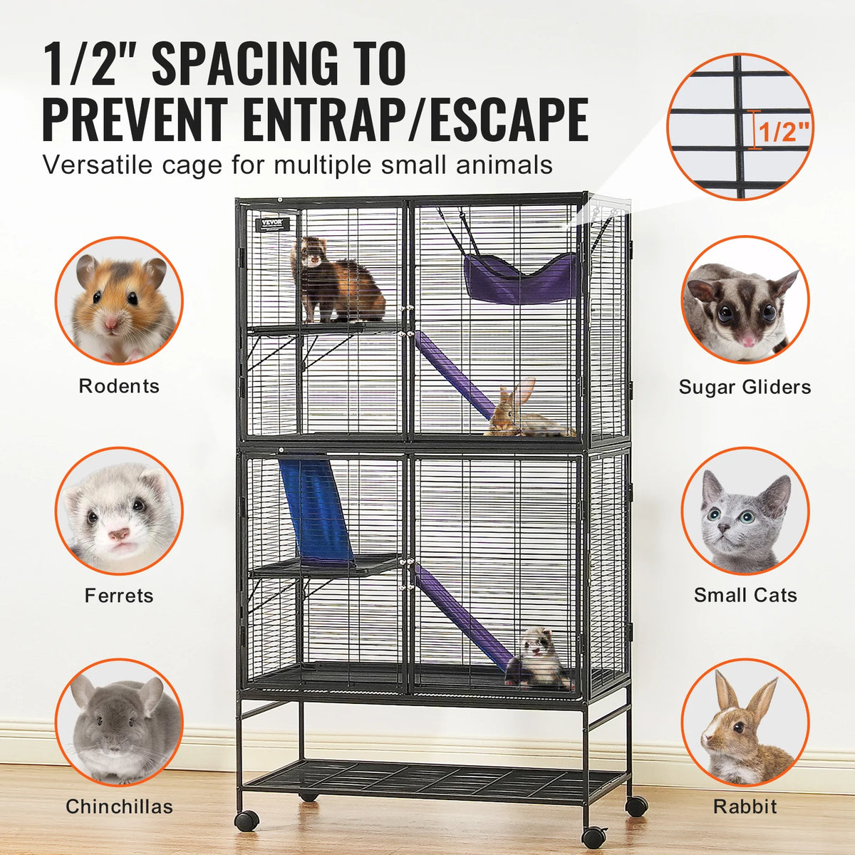 SucceBuy 64.6" Rolling Metal Ferret Cage Large 4-Tier Critter Nation Cage Small Animal Cage for Rats Hamster Guinea Chinchilla
