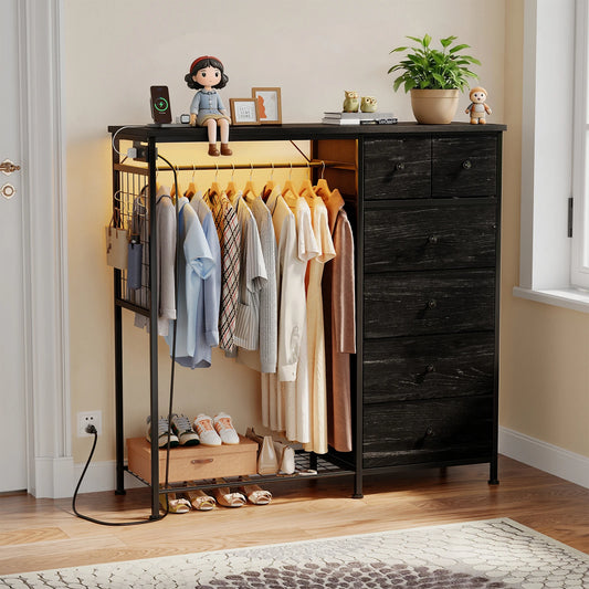 JHK Fabric Dresser With Hanging Rack And LED Charging Station