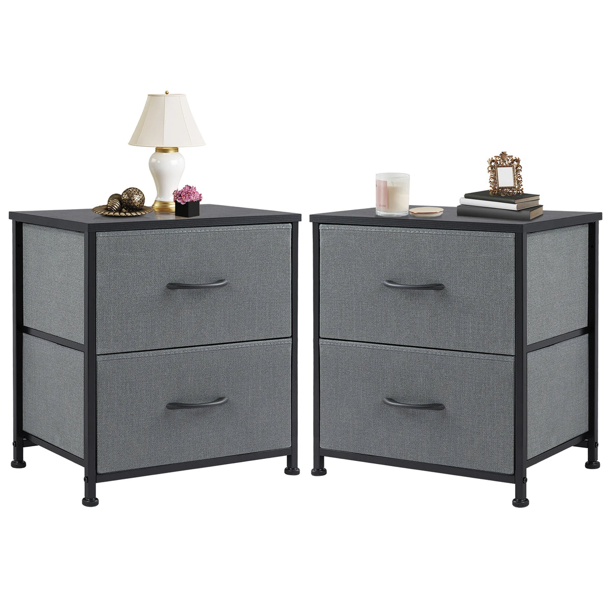 JHK Modern Nightstand With Two Fabric Drawers And Storage Cabinet