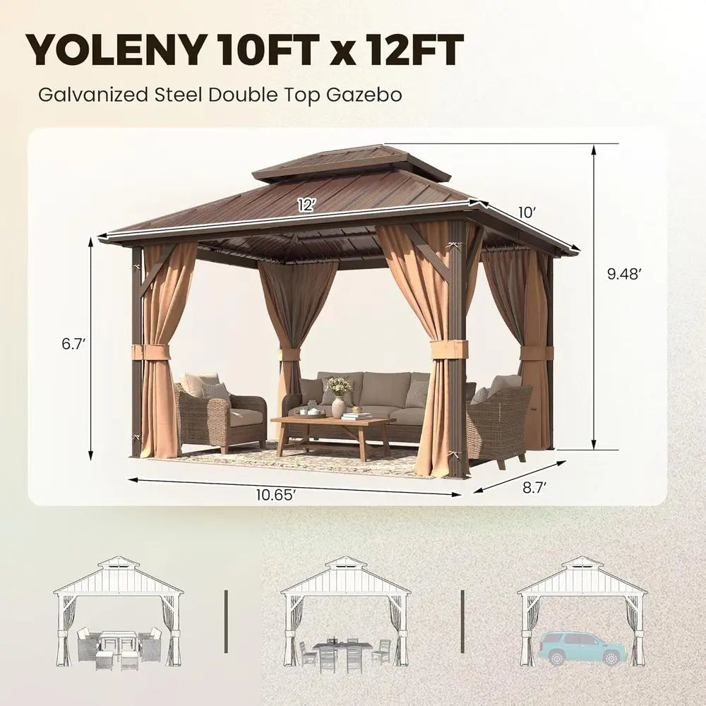 Hardtop Galvanized Steel Gazebo With Curtains And Netting