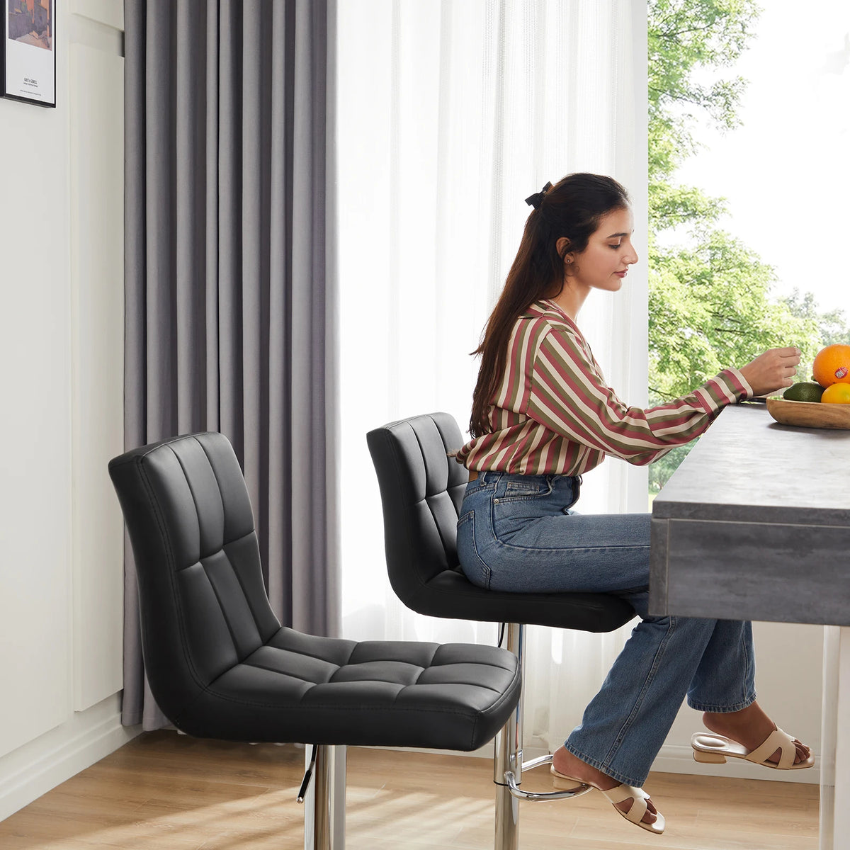 JHK Upholstered PU Leather Bar Stools With Comfortable Backrest