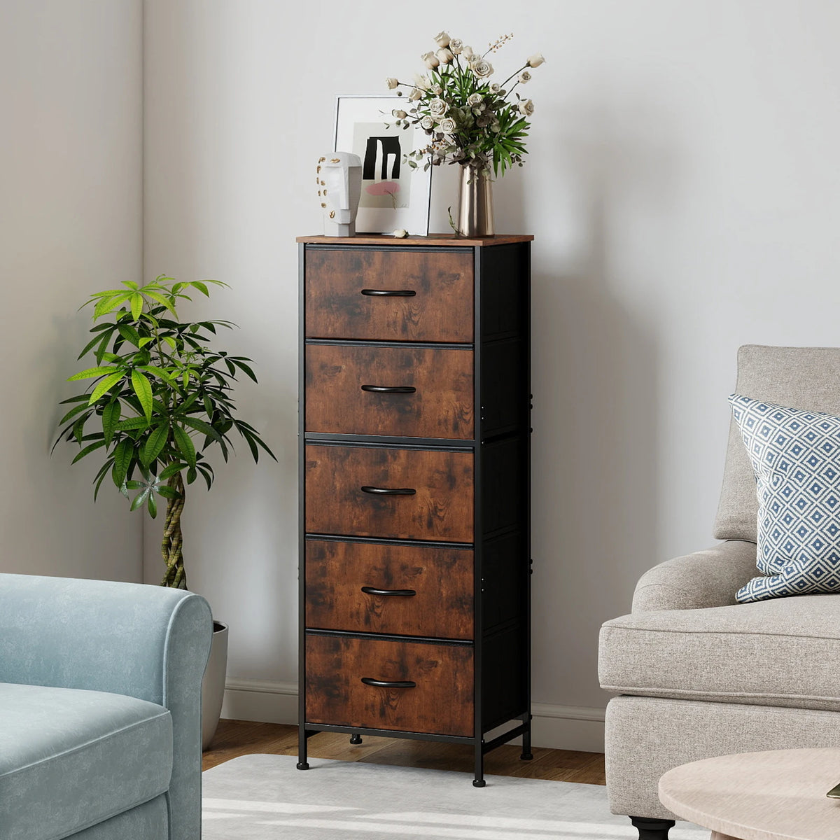 JHK Modern Bedroom Dresser With Five Fabric Drawers