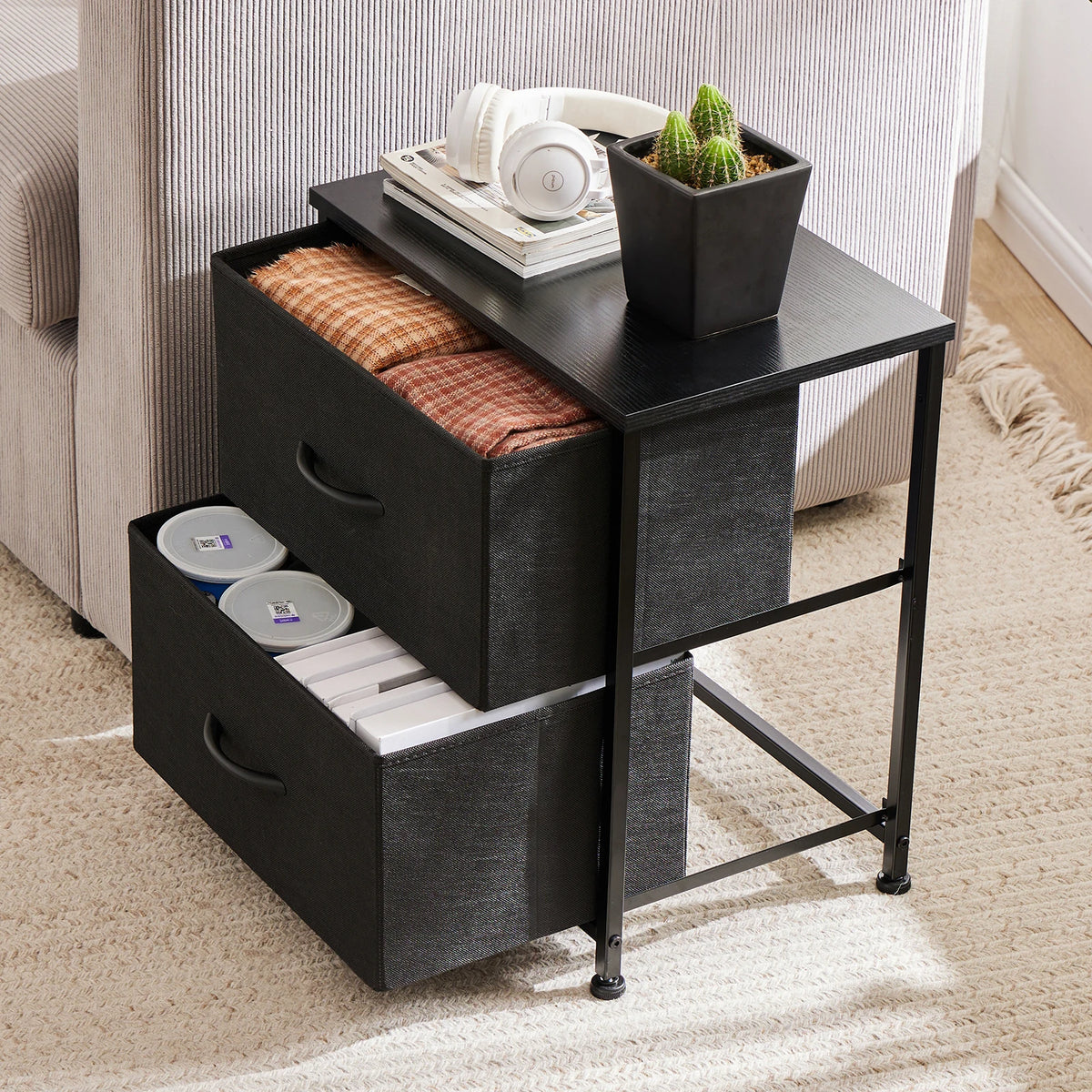 JHK Modern Nightstand Cabinet With Two Fabric Drawers