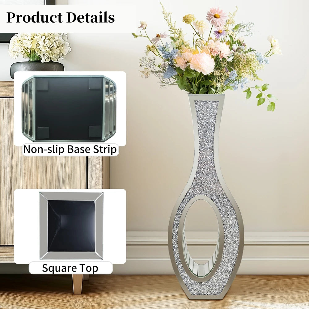 Modern Mirrored Glass Floor Vase With Crush Diamond Decorative Finish