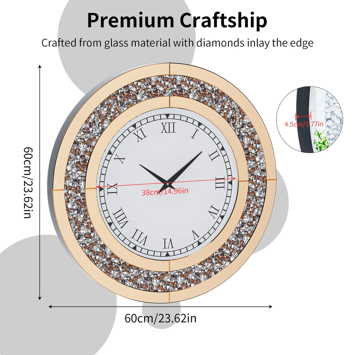 Decorative Crystal Mirrored Wall Clock For Elegant Home Decor